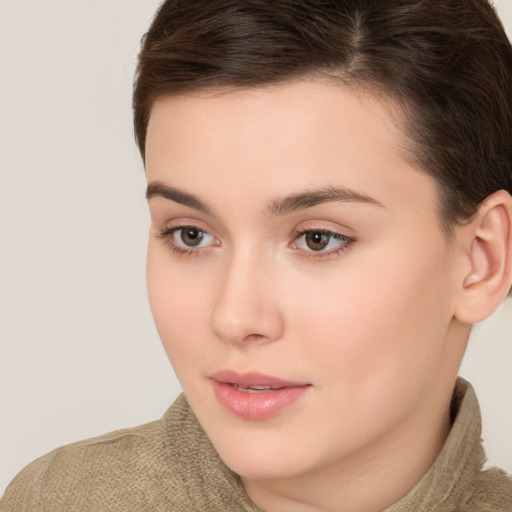 Neutral white young-adult female with short  brown hair and brown eyes