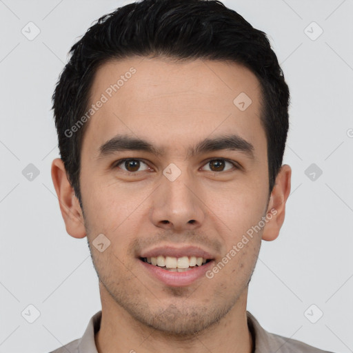 Joyful latino young-adult male with short  brown hair and brown eyes