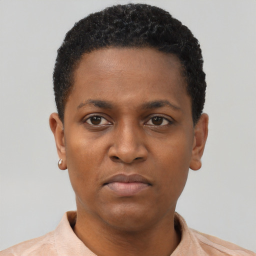 Neutral black young-adult female with short  black hair and brown eyes