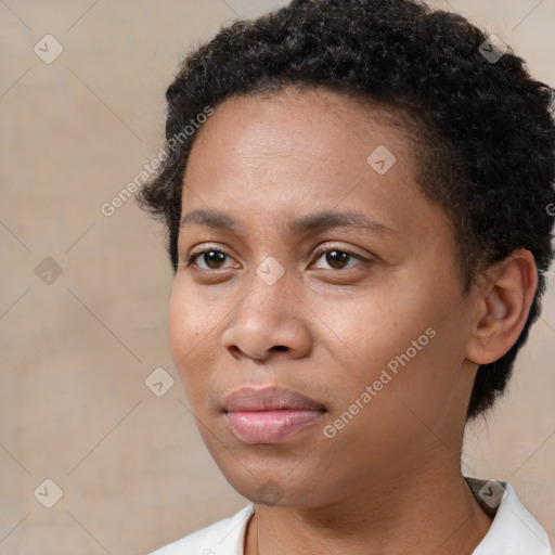 Neutral white young-adult female with short  brown hair and brown eyes