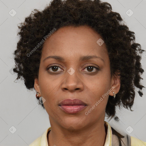 Joyful black adult female with short  brown hair and brown eyes