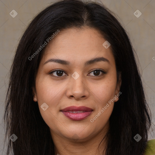 Joyful asian young-adult female with long  brown hair and brown eyes