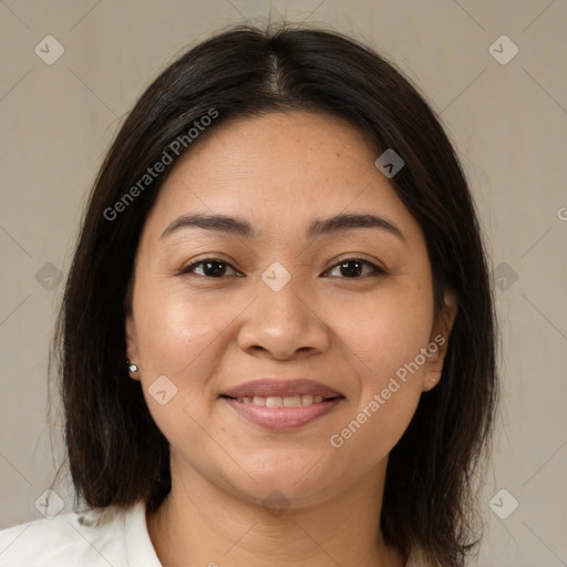 Joyful white young-adult female with medium  brown hair and brown eyes