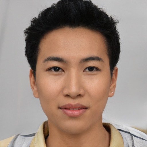 Neutral asian young-adult male with short  black hair and brown eyes