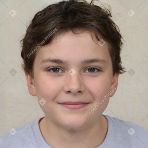 Joyful white child female with short  brown hair and brown eyes