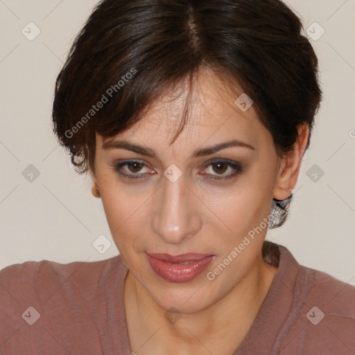 Joyful white adult female with short  brown hair and brown eyes