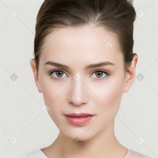 Neutral white young-adult female with short  brown hair and brown eyes