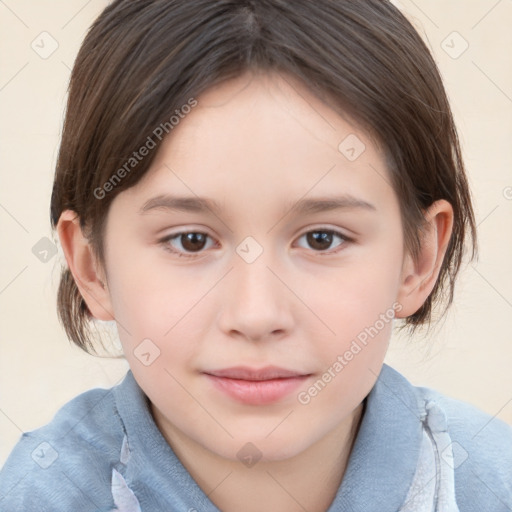 Joyful white child female with medium  brown hair and brown eyes