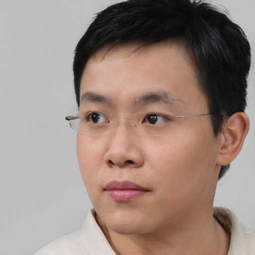 Neutral asian young-adult male with short  black hair and brown eyes