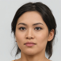 Neutral asian young-adult female with medium  brown hair and brown eyes