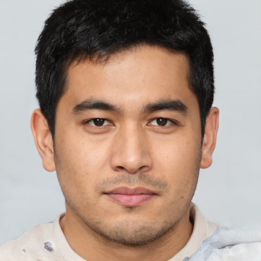 Neutral asian young-adult male with short  brown hair and brown eyes