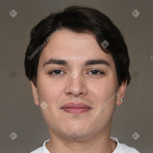 Joyful white young-adult male with short  brown hair and brown eyes