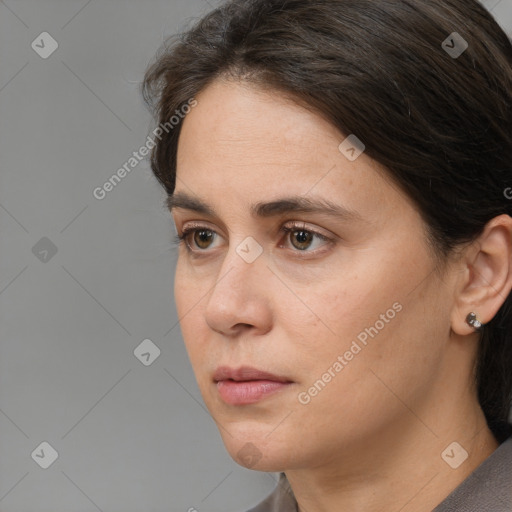 Neutral white young-adult female with medium  brown hair and brown eyes