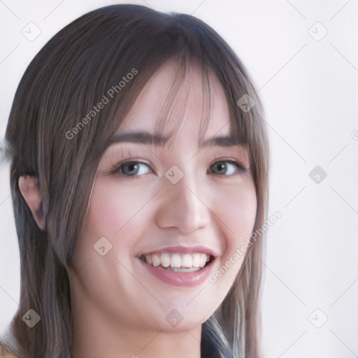 Joyful white young-adult female with long  brown hair and blue eyes