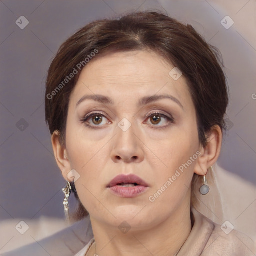 Neutral white young-adult female with short  brown hair and brown eyes