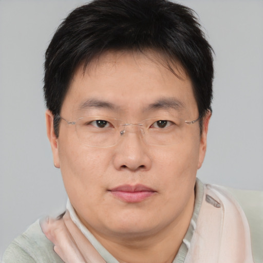 Joyful asian adult male with short  brown hair and brown eyes