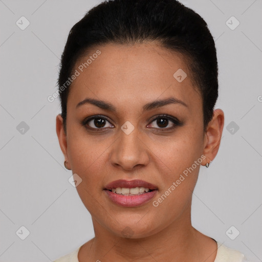 Joyful white young-adult female with short  brown hair and brown eyes