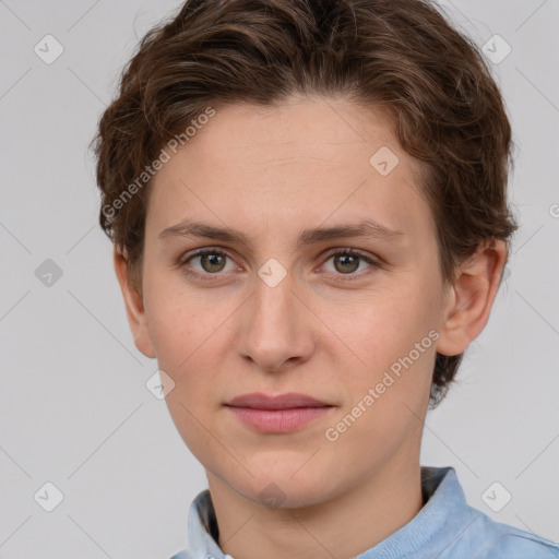 Joyful white young-adult female with short  brown hair and grey eyes