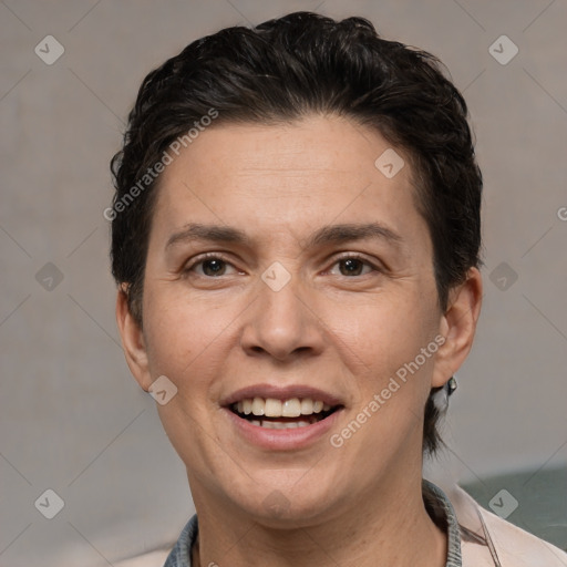 Joyful white adult female with short  brown hair and brown eyes