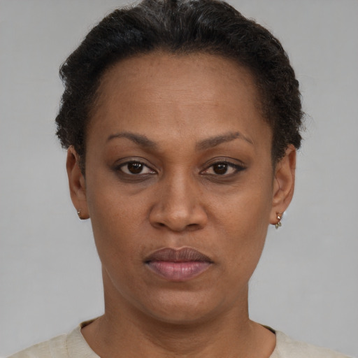 Joyful black adult female with short  brown hair and brown eyes