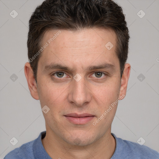 Neutral white young-adult male with short  brown hair and grey eyes