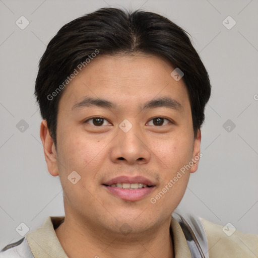 Joyful asian young-adult male with short  brown hair and brown eyes