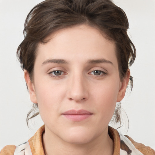 Neutral white young-adult female with medium  brown hair and grey eyes