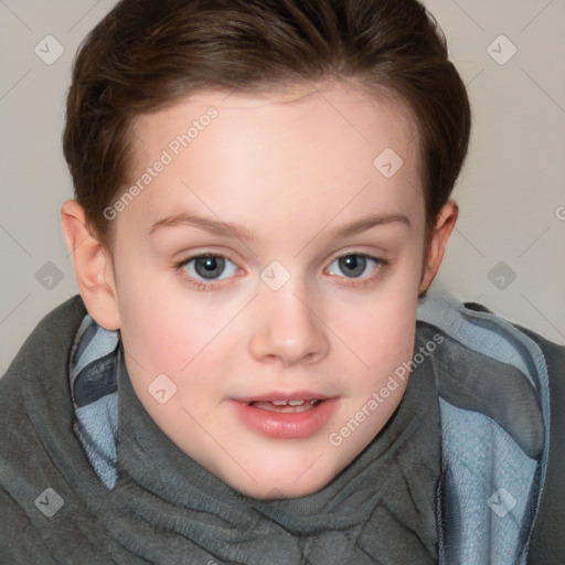 Joyful white child female with short  brown hair and brown eyes