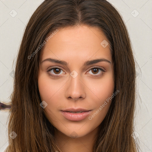 Neutral white young-adult female with long  brown hair and brown eyes