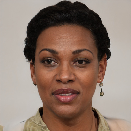 Joyful black adult female with short  black hair and brown eyes