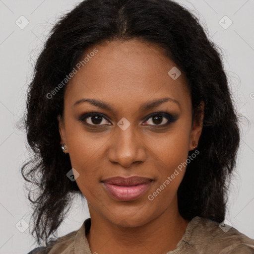 Joyful black young-adult female with medium  brown hair and brown eyes