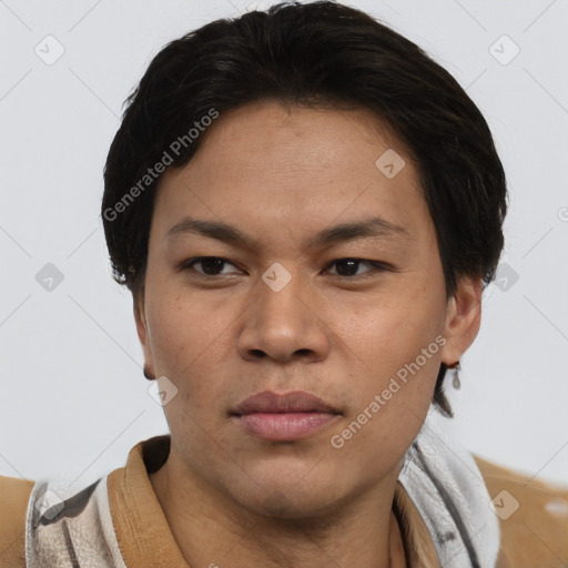 Neutral asian young-adult male with short  brown hair and brown eyes