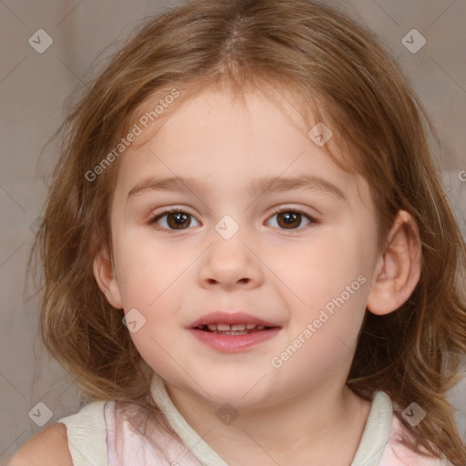 Joyful white child female with medium  brown hair and brown eyes