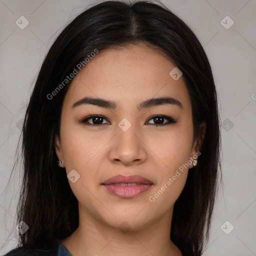 Joyful asian young-adult female with long  brown hair and brown eyes