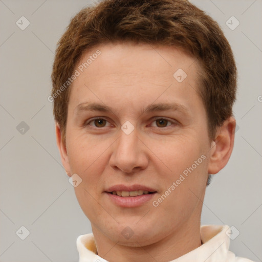 Joyful white young-adult female with short  brown hair and brown eyes