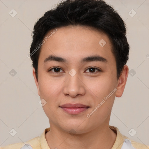 Joyful white young-adult male with short  black hair and brown eyes