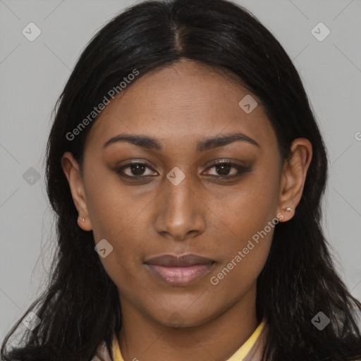 Joyful latino young-adult female with long  brown hair and brown eyes