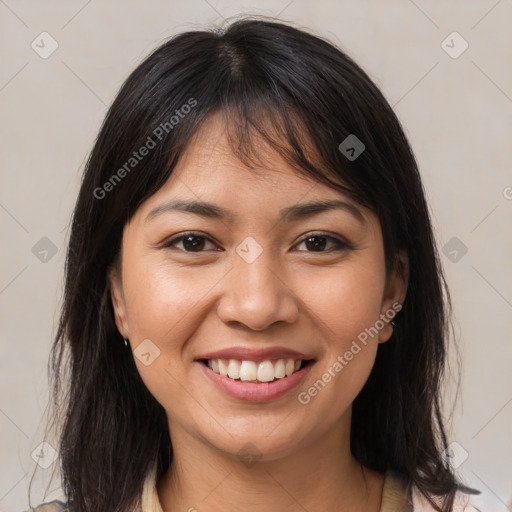 Joyful white young-adult female with medium  brown hair and brown eyes