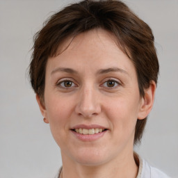 Joyful white adult female with medium  brown hair and brown eyes