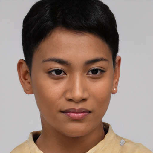 Joyful asian young-adult female with short  brown hair and brown eyes