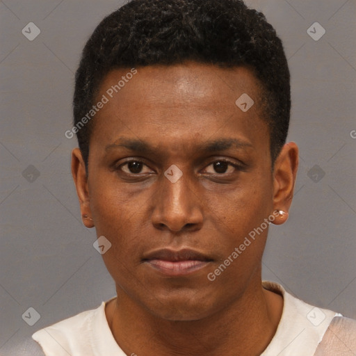 Neutral black young-adult male with short  brown hair and brown eyes