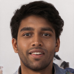 Joyful black young-adult male with short  brown hair and brown eyes