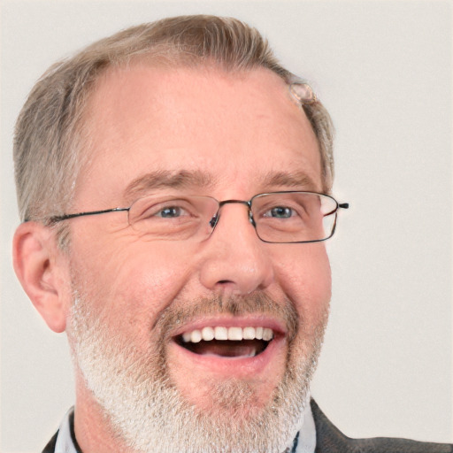 Joyful white middle-aged male with short  brown hair and blue eyes