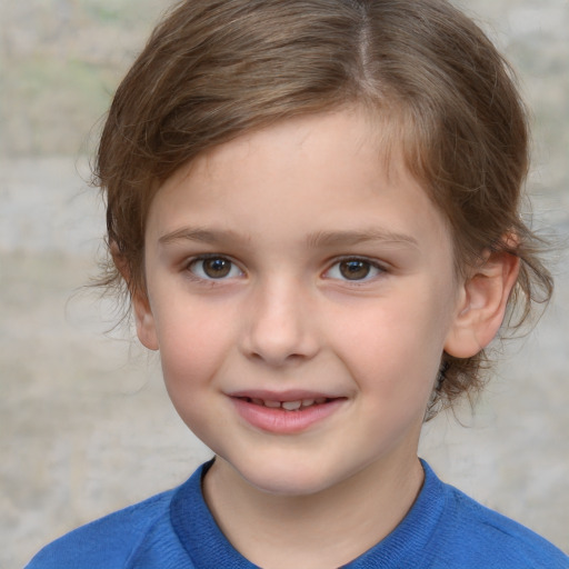 Joyful white child female with medium  brown hair and grey eyes