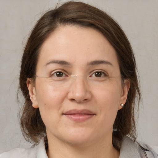 Joyful white adult female with medium  brown hair and brown eyes