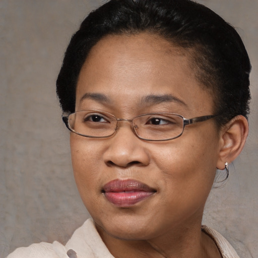 Joyful black adult female with short  brown hair and brown eyes