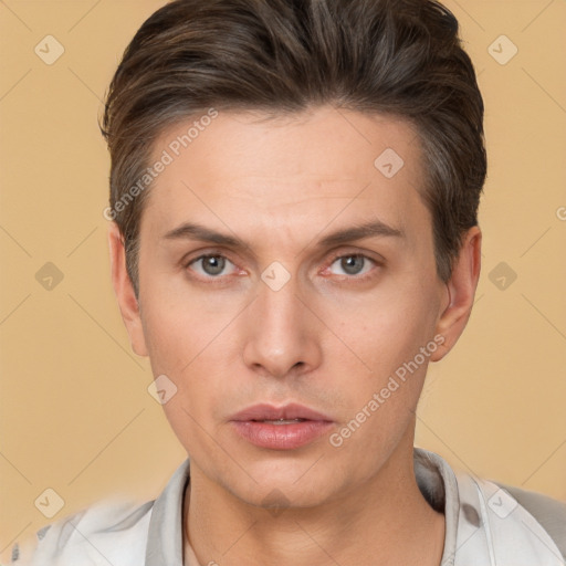 Neutral white adult male with short  brown hair and brown eyes