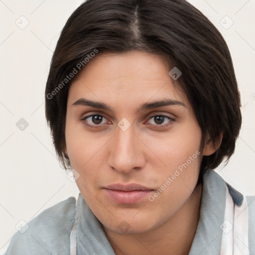 Neutral white young-adult female with medium  brown hair and brown eyes