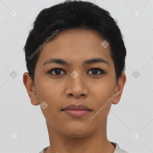 Neutral asian young-adult female with short  black hair and brown eyes