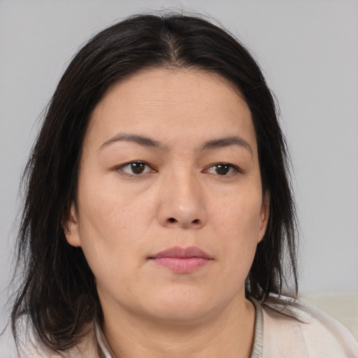 Neutral asian young-adult female with medium  brown hair and brown eyes